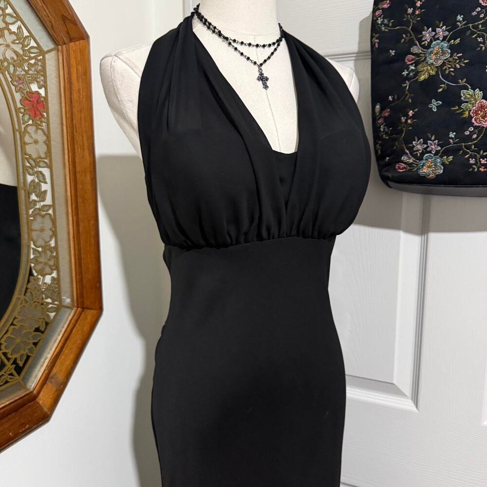 VTG Y2K Betsy & Adam Matte Black Mesh Gothic Ruffled Train Formal Maxi Dress